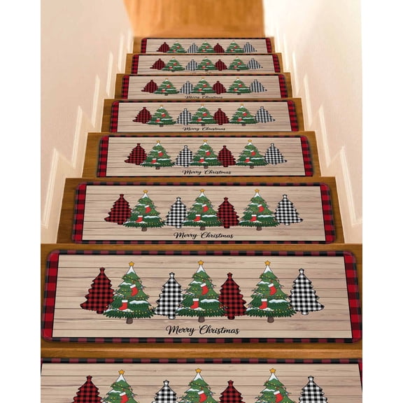 Christmas Trees Stair Treads for Wooden Steps Indoor Runner Rug Carpet, Xmas Winter Plaid Pine Wooden Grain Red 15 Pieces Peel and Stick Staircase Step Treads Covers Washable Throw Door Mats, 30"x8"