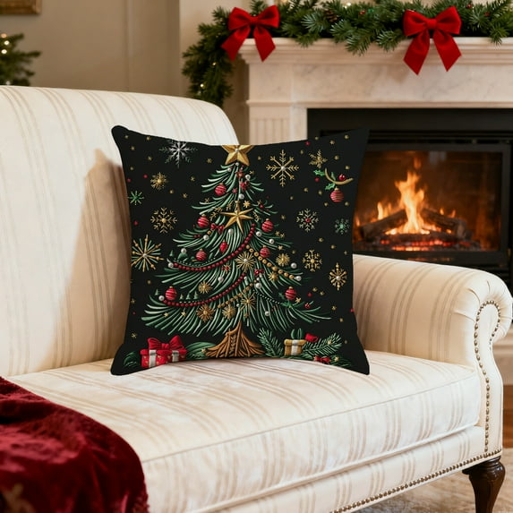 Christmas Trees Star Black Throw Pillow Cover, 18 x 18 Inch Snowflake Seasonal Winter Holiday Cushion Case Decoration for Sofa Couch
