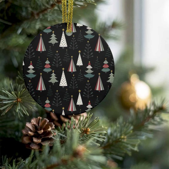Christmas Trees Star Toppers Christmas Ceramic Ornament 2026,3" Round Xmas Tree Hanging Accessories with Gold Ribbon,Minimalist Black Background Pendant Ornaments for Holiday Gift Home Party Decor