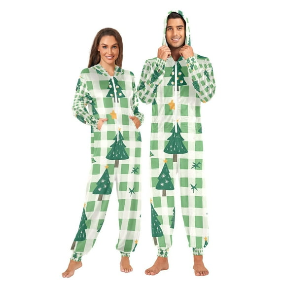 Christmas Trees Stars Adult Onesie Pajamas Slim Fit Christmas One Piece Suit Pjs for Women and Men Hooded Zipper