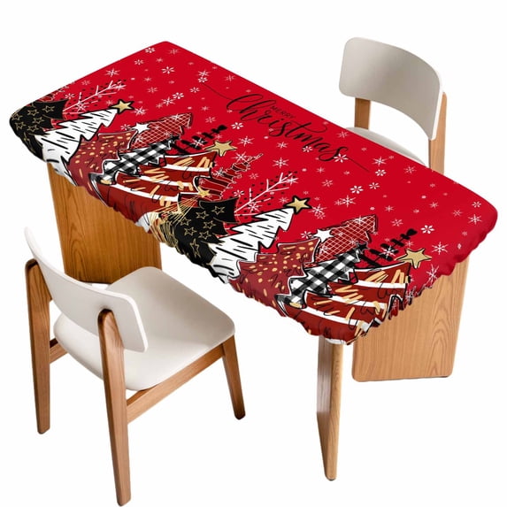 Christmas Trees Table Cloths for 5 Foot Rectangle Tables, Red Xmas Pine Tree Snowflake Plaid Patio Waterproof Elastic Fitted Tablecloths, Washable Rectangular Table Cover for Camping