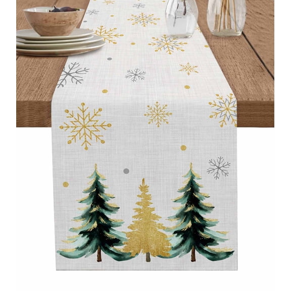 Christmas Trees Table Runner 36 Inches, Golden Green Xmas Tree Snowflake Bed Runner Dresser Scarves Tabletop for Indoor Outdoor Parties/Ceremony/Banquet, 13"x 36"