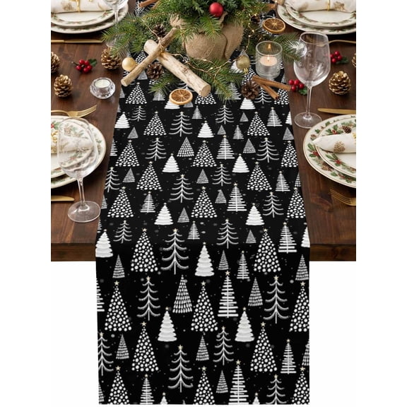 Christmas Trees Table Runner 36 Inches Long, Winter Minimalist Pine Fir Trees Forest B;ack Cotton Linen Dining Table Runner Dresser Scarves for Home Kitchen Party Decor 13"x36"