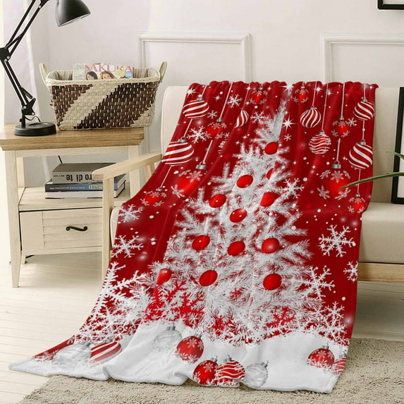 Christmas Trees Throw Flannel Blanket 40x60In Striped Xmas Ball Winter Snowflake Red Super Soft Cozy Bed Blanket, Lightweight Plush Fuzzy Bed Throw for Bedroom Sofa Couch Living Room