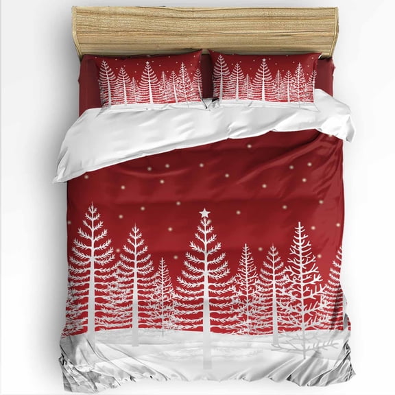 Christmas Trees Twin Size Comforter Set, White Winter Tree Red Sky Stars Snowing Scene Bedding for All Seasons, 4 Pcs Bed Set with 1 Comforter (68"x86") ,1Sheet(66"x116"), 2 Pillowcases (19"x29")
