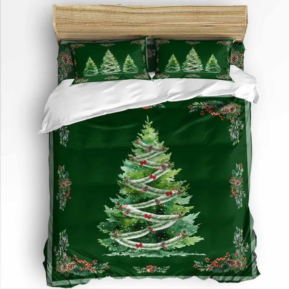 Christmas Trees Twin Size Comforter Set, Xmas Red Bow Pine Cones Leaf Dark Green Soft Bedding for All Seasons, 4 Pcs Bed Set with 1 Comforter (68"x86") ,1Sheet(66"x116"), 2 Pillowcases (19"x29")