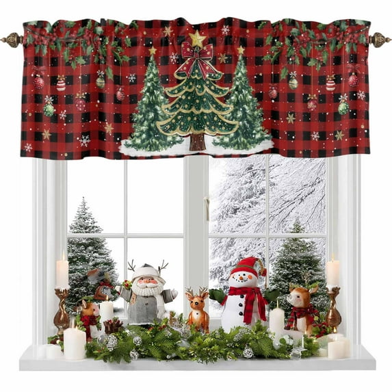 Christmas Trees Valances for Windows, 42 x 18in, Xmas Trees Balls Berry Winter Snowflakes Red Black Plaid Rod Pocket Kitchen Valance Curtain Light Filtering Window Treatments for Living Room Bedroom