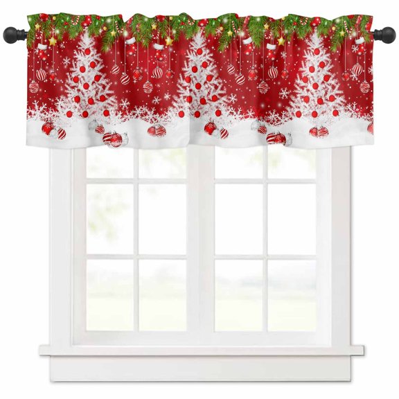 Christmas Trees Valances for Windows, Xmas Ball Green Leaf Winter Snowflake Red Light Filtering Window Treatment Valances, Rod Pocket Small Curtains for Kitchen/Bathroom, 56"x16"
