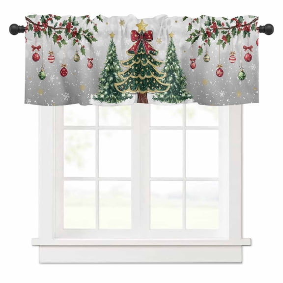 Christmas Trees Valances for Windows Xmas Trees Balls Berry Winter Snowflakes Dark Gray Rod Pocket Curtain Valance Window Treatment Short Curtains for Kitchen Living Room, 42"x12"