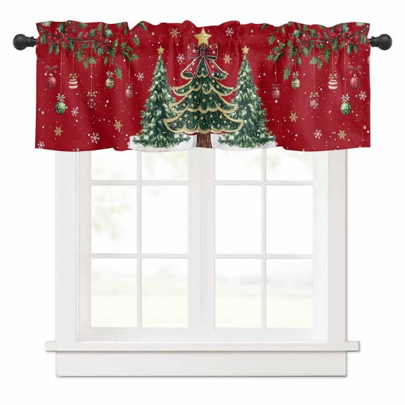 Christmas Trees Valances for Windows Xmas Trees Balls Berry Winter Snowflakes Red Rod Pocket Curtain Valance Window Treatment Short Curtains for Kitchen Living Room, 54"x18"