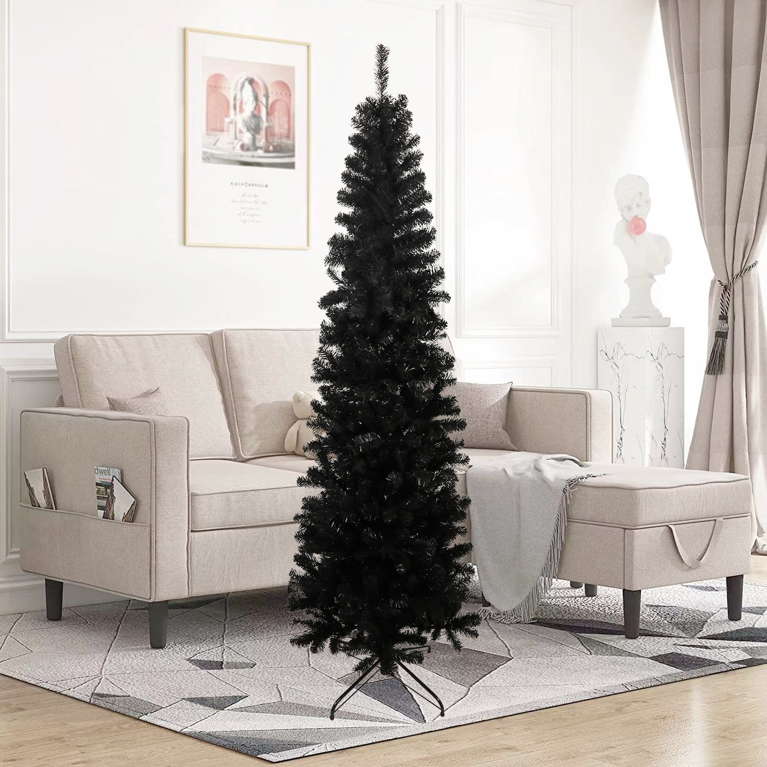 7.5' Black Fir Slim Tall Christmas Tree with Warm White Lights