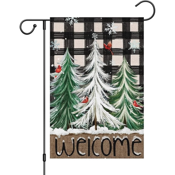 Christmas Trees Welcome Garden Flag 12x18 Inch Double Sided for Outside, Snowflakes Winter Xmas Farmhouse Yard Outdoor Decorative Flag