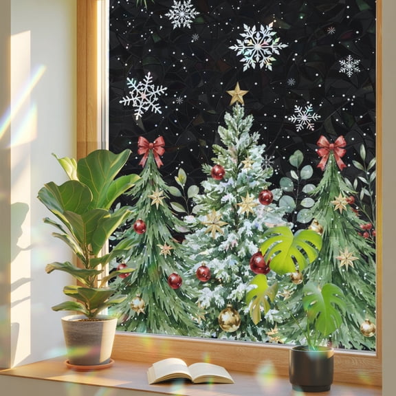 Christmas Trees Window Privacy Film, Winter Pine Tree Xmas Ball Snowflakes Black Static Cling Stained Glass Window Sticker Decorative Removable Rainbow Film for Glass 17.7”x78.7”