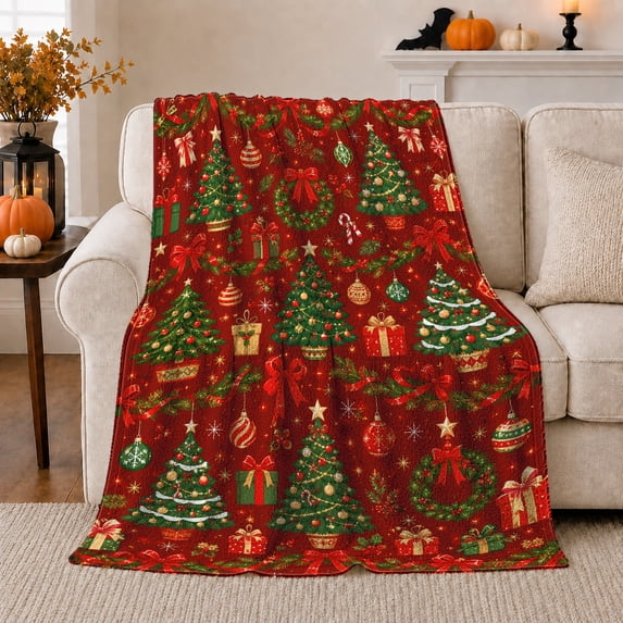 Christmas Trees with Wreaths Ornaments and Wrapped Presents, Festive Traditional Holiday Style for Holiday Lovers, Cozy Flannel Blanket for Living Room and Family Room, Christmas Gift, Home Decor
