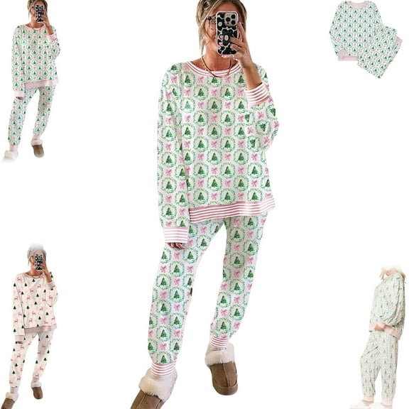 Christmas Trees and Bows Pajama Set, Women's Lounge Pajamas Set, Long Sleeve Crew Neck Contrast Striped Banding Lounge Set