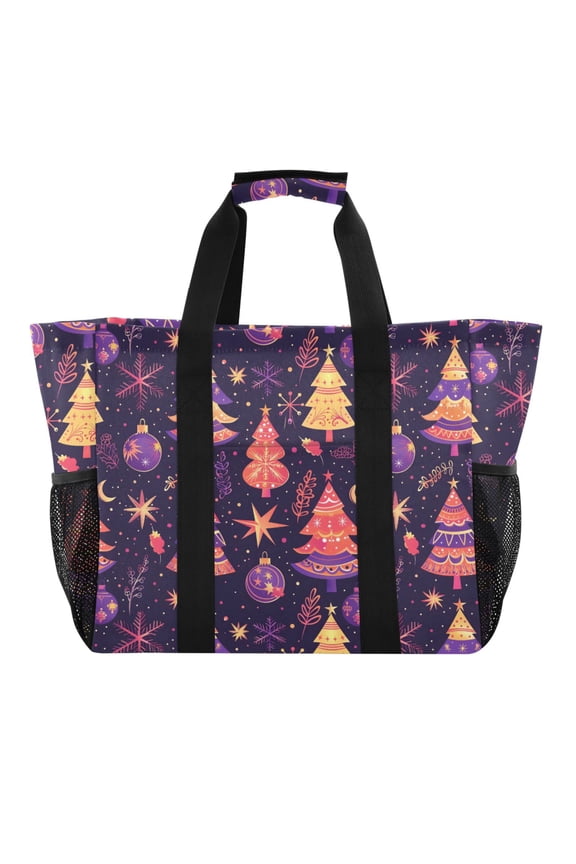 Christmas Trees and Snow Reusable Grocery Bags with Handle Side Pocket Waterproof Shopping Portable Tote