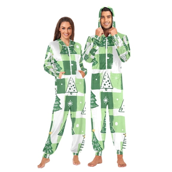 Christmas Trees and Stars Adult Onesie Pajamas Slim Fit Christmas One Piece Suit Pjs for Women and Men Hooded Zipper