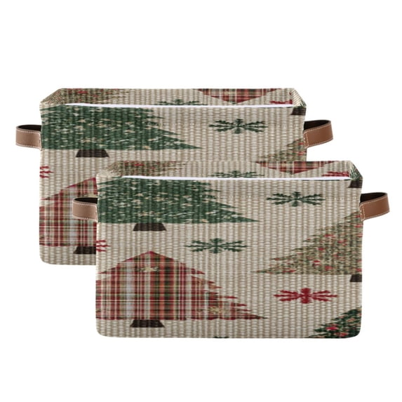 Christmas Trees with Plaid Red Green Snowflake Square Storage Bins with Handles Collapsible Containing Box 2 Packs