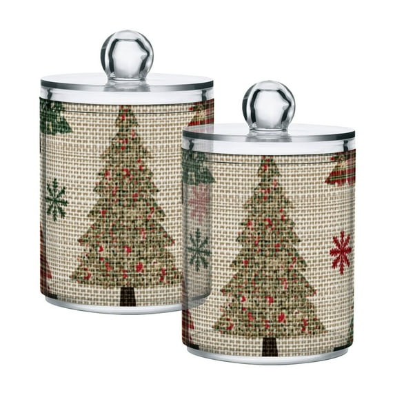 Christmas Trees with Plaid Red Green Snowflake Translucent Plastic Cans Storage Canisters with Lid Set of 2