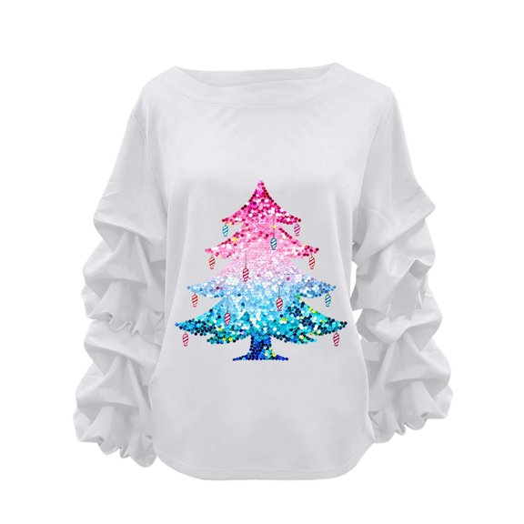 Christmas Trendy Sweatshirts for Women Ruffle Pleated Long Sleeve Oversized Crewneck Pullover Holiday Tops (2XL, White 08)