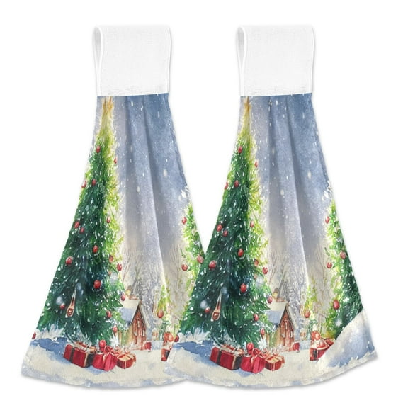 Christmas Tress in Forest 2pcs Loop Hanging Bathroom Hand Towel Soft Dish Towel Absorbent Tie Towels for Kitchen Tea Bar Washcloth Toilet Decor
