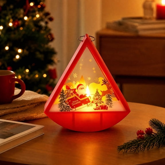 Christmas Triangle Swing Lantern,LED Lighted Paper-Cut Scene Ornament,Battery Operated for Hanging & Tabletop Christmas Holiday Decor(Red)