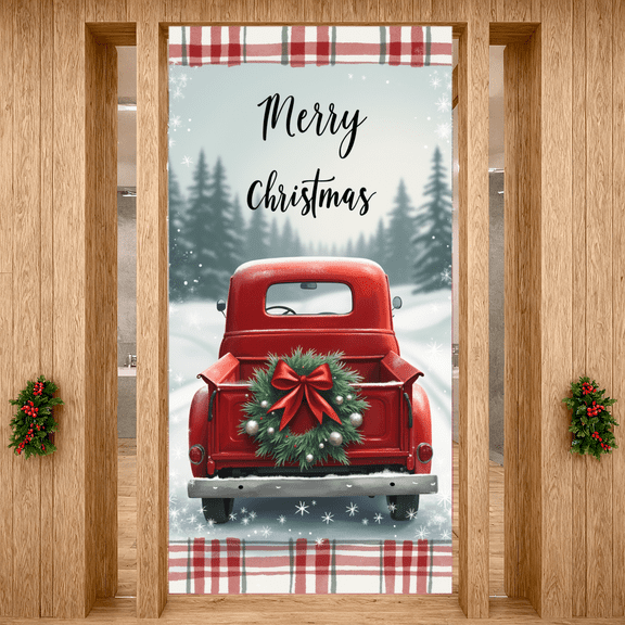 Christmas Truck Banner with Red Plaid Decorative Wreath for Holiday Party Decoration Outdoor Festivity Winter Celebration