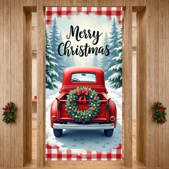 Christmas Truck Banner with Red Plaid Decorative Wreath for Holiday Party Decoration Outdoor Festivity Winter Celebration