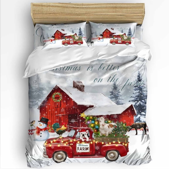 Christmas Truck Barn Queen Size Comforter Set, Barn Snowman Christmas Tree Dog Cow Soft Bedding for All Seasons, 4 Pcs Bed Set with 1Comforter (90"x92") ,1 Sheet(94"x116"), 2 Pillowcases (19"x29")