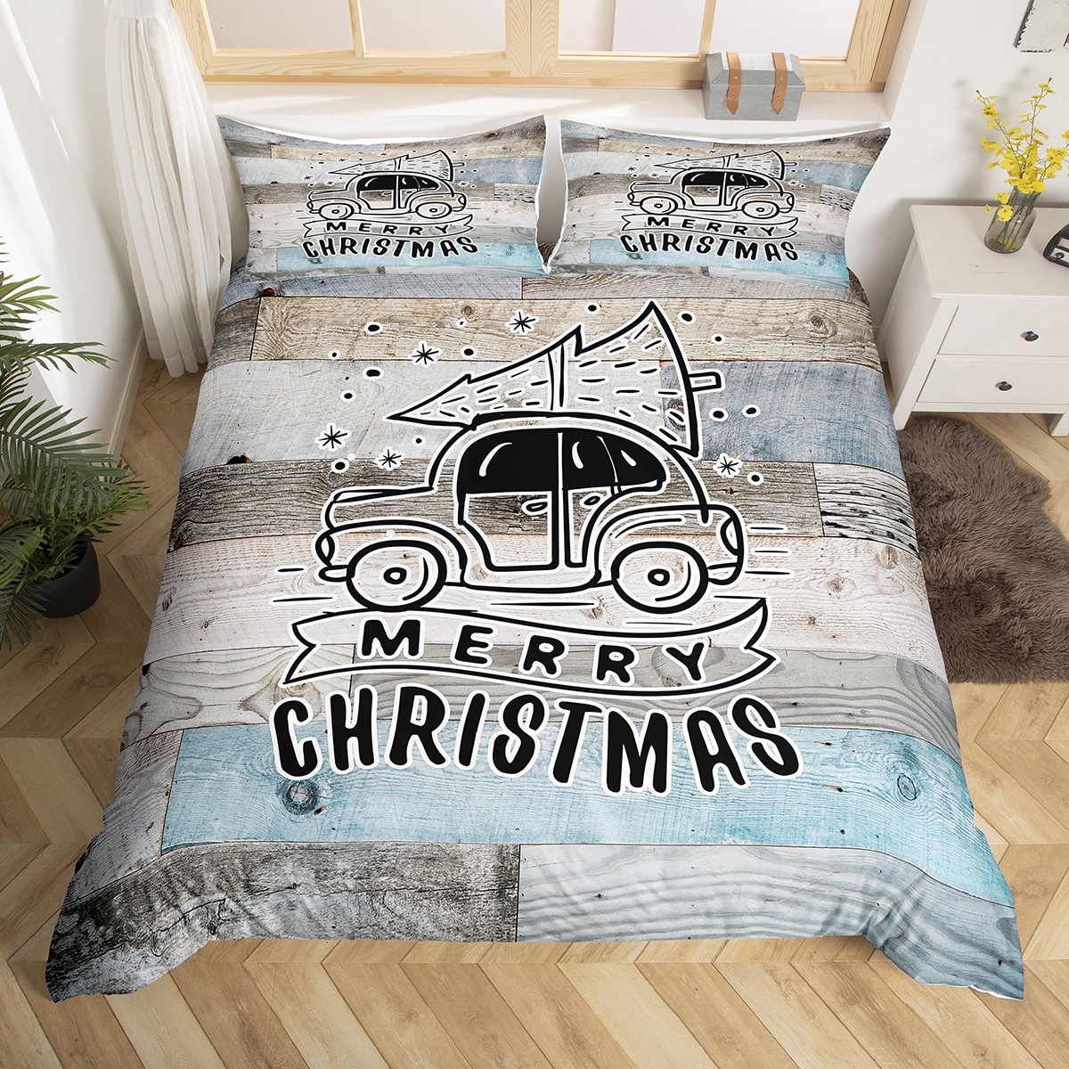 Christmas Truck Bedding Set Construction Vehicle Christmas Tree Duvet