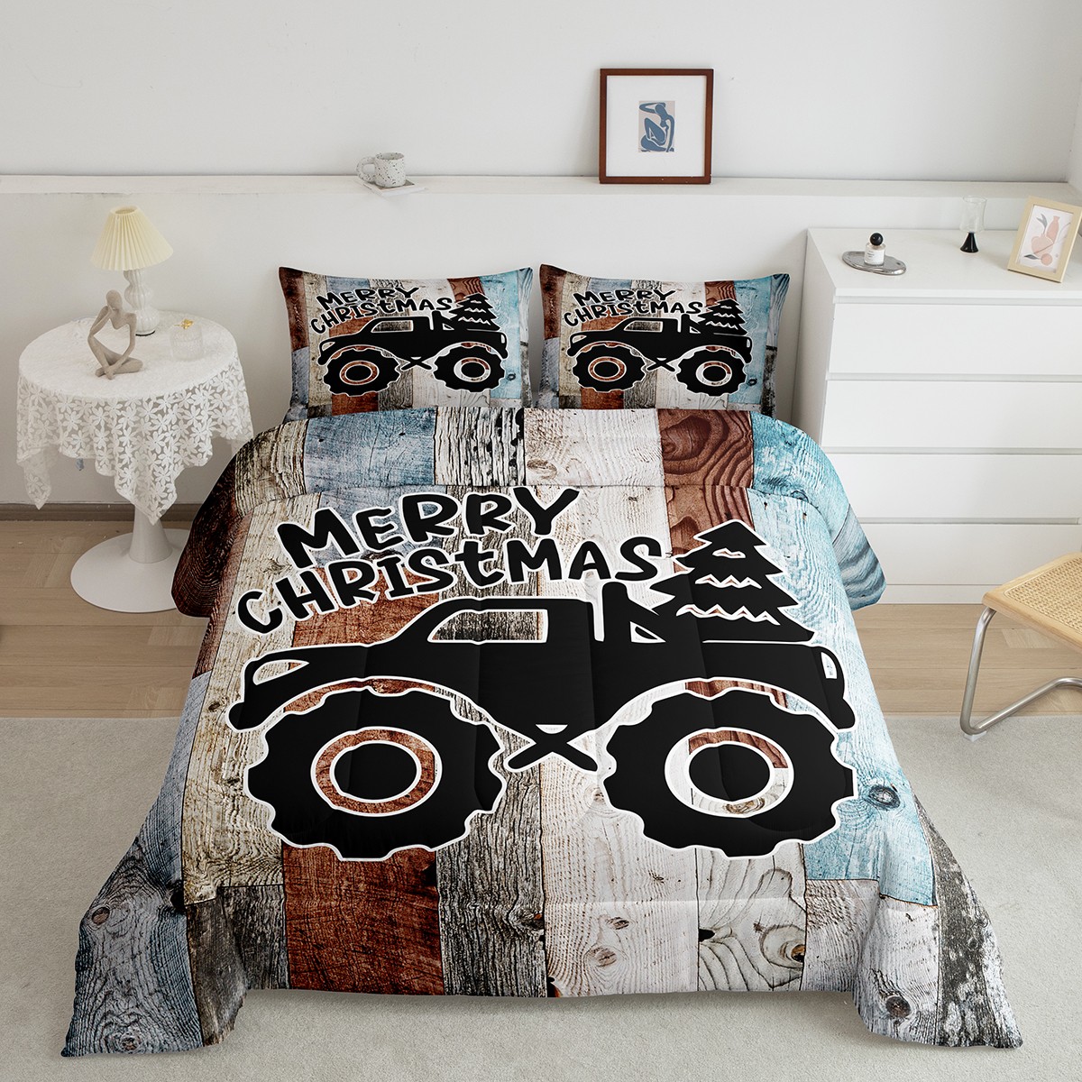 Christmas Truck Bedding Set Full,Construction Vehicle Christmas Tree