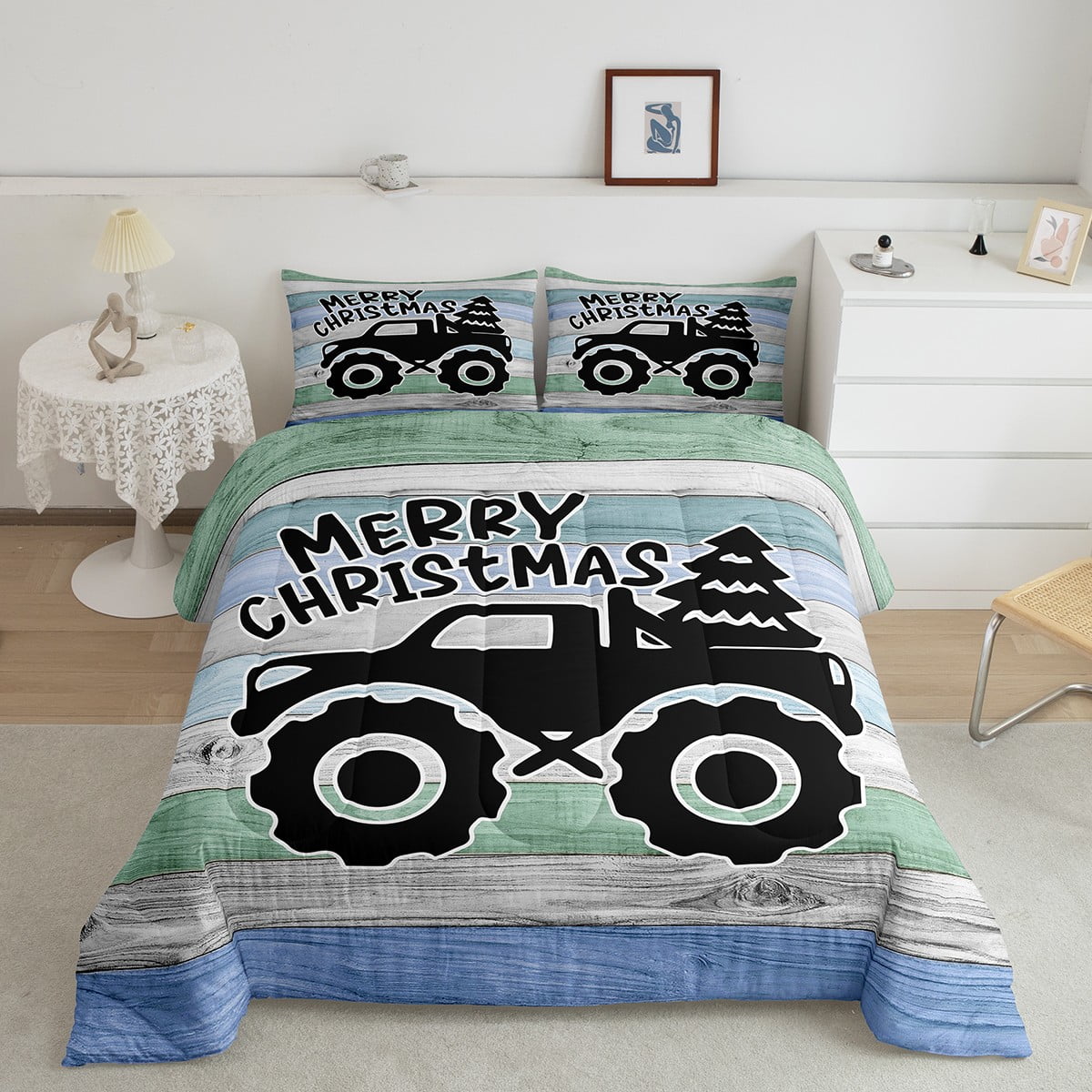 Christmas Truck Bedding Set King,Construction Vehicle Christmas Tree