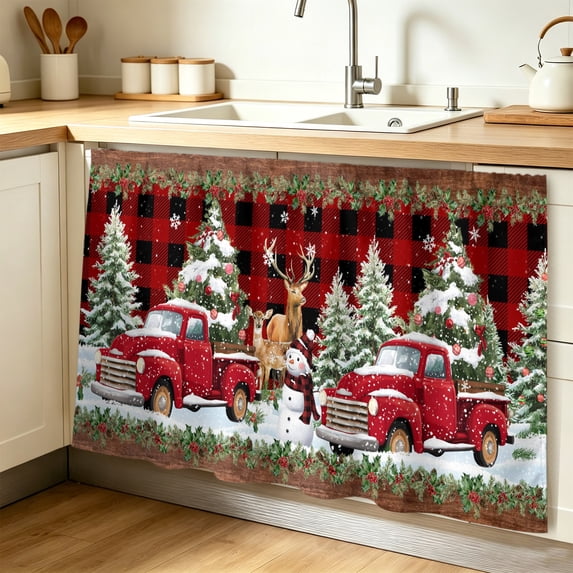 Christmas Truck Cabinet Curtain 32"Wx55"L,Dustproof Pantry Door Curtain W/ Self Adhesive Tape,Farmhouse Xmas Tree Red Buffalo Plaid Tall Storage Cover Privacy Drape for Bathroom Kitchen Laundry Room