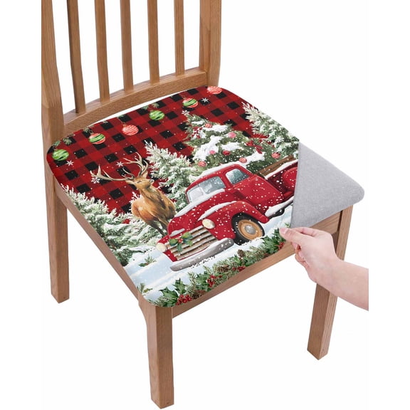 Christmas Truck Chair Seat Covers for Dining Room Stretch Chair Seat Covers Set of 6, Farmhouse Xmas Tree Red Buffalo Plaid Chair Seat Protector Cushion Slipcovers for Kitchen Restaurant Office
