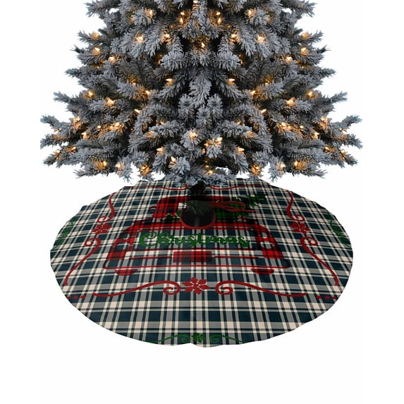 Christmas Truck Christmas Tree Skirt 48 Inches Large Christmas Skirt Tree, Green Plaid Xmas Tree Snowflake Tree Skirt Christmas Decorations for Fireplace Party Holidays Indoor Outdoor