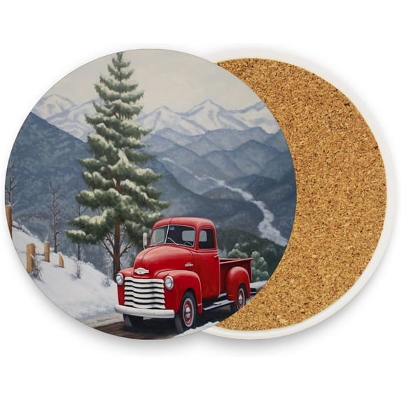 Christmas Truck Coasters Absorbent Moisture Non-Slip Drink Coaster Ceramic Stone with Cork Base Desktop Protection, 2PCS