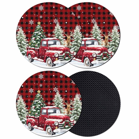 Christmas Truck Coasters Set of 4, Absorbent Coasters for Drinks, Winter Snowflakes Xmas Tree Deer Red Black Coaster for Desk Coffee Table Protection, Home Decor House Warming Gifts 4"