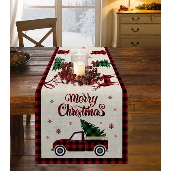 Christmas Truck Cotten Linen Table Runners 108 Inches Long, Red Buffalo Plaid, Non-Slip Burlap Table Cloth Runner for Home/Dining/Wedding/Party/Holiday, Farmhouse Christmas Theme Table Decorations