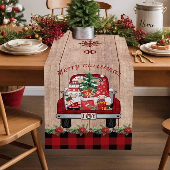 Christmas Truck Cotton Linen Table Runner Retro Xmas Gnome Poinsettia Wood Grain Plaid Dining Table Runners for Home Decor Party Dining Room Restaurant Kitchen Party 13" x 48"