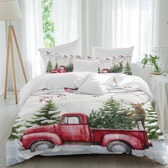 Christmas Truck Duvet Cover Set Twin Size, Cardinal Bird Elk Xmas Pine Tree Winter Snowflake 4 Piece Bedding Set with Zipper Closure & Corner Ties Soft Breathable Comforter Cover for Bedroom