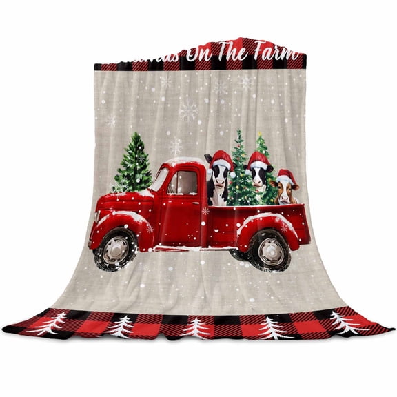 Christmas Truck Flannel Blanket for Bed,Travel and Camping, Farm Cow Pine Tree Snow Retro Linen Red Plaid Super Soft Cozy Blanket for All Seasons 50" x 60"