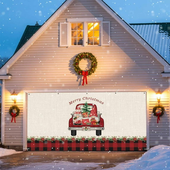 Christmas Truck Garage Door Banner Covers, Retro Xmas Gnome Poinsettia Leaf Line Plaid Large Hanging Indoor/Outdoor Backdrop Background for Christmas Winter Party Decor, 6x13 FT