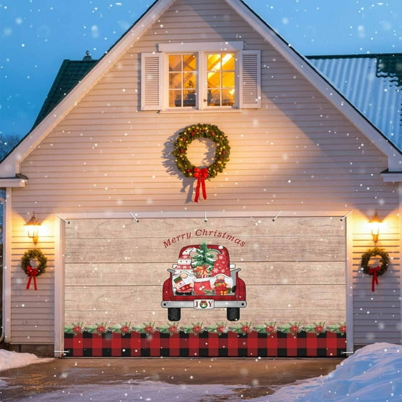 Christmas Truck Garage Door Banner Covers, Retro Xmas Gnome Poinsettia Wood Grain Plaid Large Hanging Indoor/Outdoor Backdrop Background for Christmas Winter Party Decor, 6x13 FT