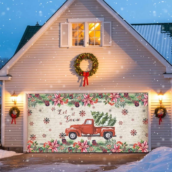 Christmas Truck Garage Door Banner Covers, Winter Snow Berries Flowers Retro Letters Texture Large Hanging Indoor/Outdoor Backdrop Background for Christmas Winter Party Decor, 6.9x8 FT