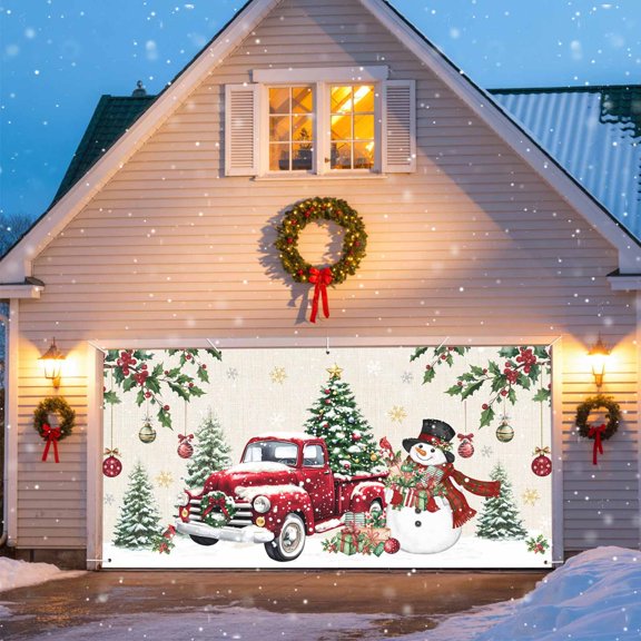 Christmas Truck Garage Door Banner Covers, Xmas Cute Snowman Tree Balls Winter Snowflakes Linen Texture Large Hanging Indoor/Outdoor Backdrop Background for Christmas Winter Party Decor, 6x13 FT