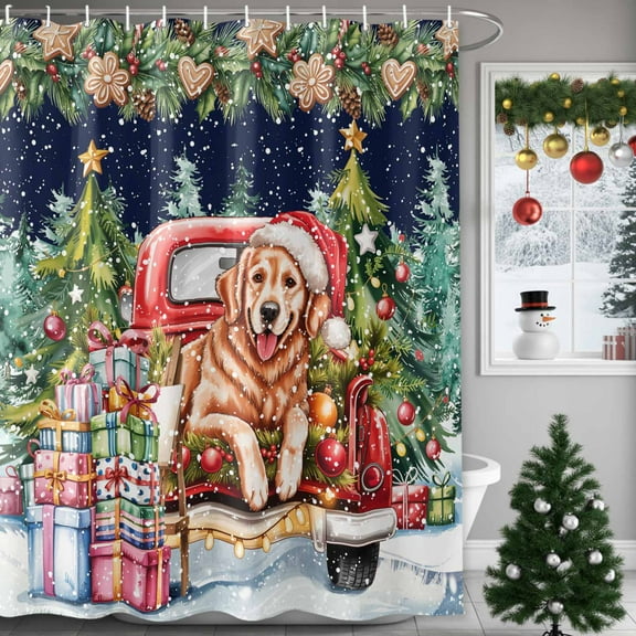 Christmas Truck Golden Retriever Shower Curtain for Bathroom, Pine Gingerbread Waterproof Shower Curtains Washable Quick Dry with Hooks Bathtub Curtains 60x72IN