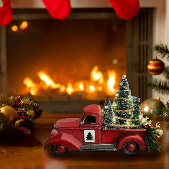 Christmas Truck with Lights Vintage Red Pickup Truck Carrying Christmas Tree Red Truck Christmas Tree Ornaments Farm Centerpiece Decor Winter Christmas Table Truck Ornament