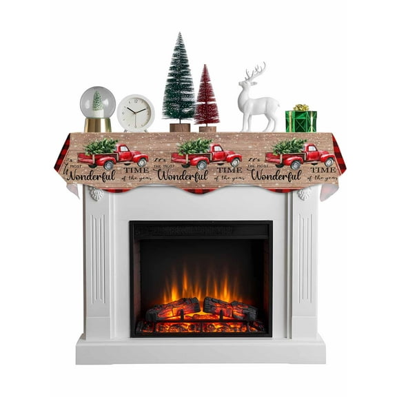 Christmas Truck Mantel Scarf Fireplace Decorations for Living Room, Farmhouse Buffalo Check Snowflakes Brown Wood Fireplace Mantel Scarf Cover Runner for Thanksgiving/Christmas Decor 90"x17"