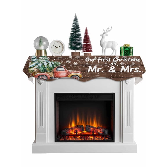 Christmas Truck Mantel Scarf Fireplace Decorations for Living Room, Winter Snowflake Xmas Tree Wood Grain Brown Fireplace Mantel Scarf Cover Runner for Halloween/Thanksgiving/Christmas Decor 90"x17"