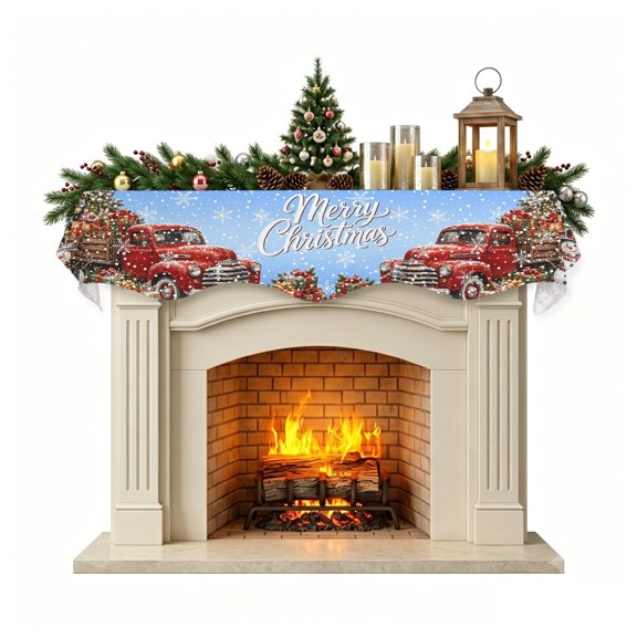 Christmas Truck Mantel Scarf Fireplace Decorations for Living Room, Xmas Snowflake Tree Snowman Blue Fireplace Mantel Scarf Cover Runner for Halloween/Thanksgiving/Christmas Decor 90"x17"